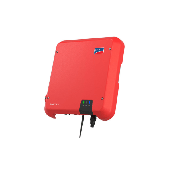 A red SMA Sunny Boy 5.0 Solar Inverter on a white background, installed by Hielscher Electrical.