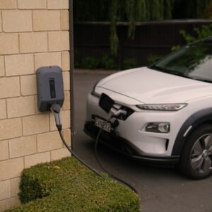 A white SUV is plugged into a Hielscher Electrical electric charger, utilizing solar energy.