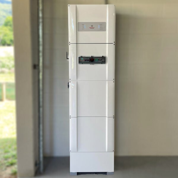 A Redback Smart Battery System SB7200 in front of a door, powered by solar energy.