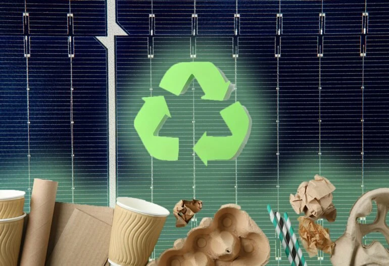 A solar panel with a recycling symbol in front of it installed by Hielscher Electrical.