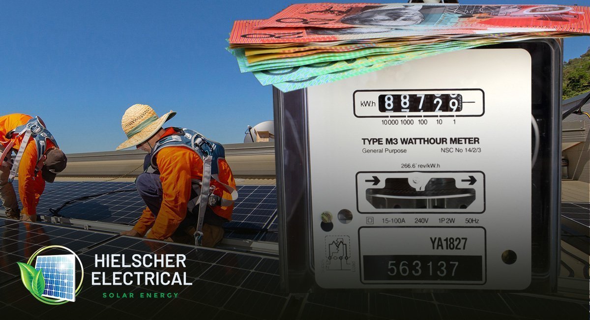 A man is working on a solar panel with money on it in Cairns for Hielscher Electrical.