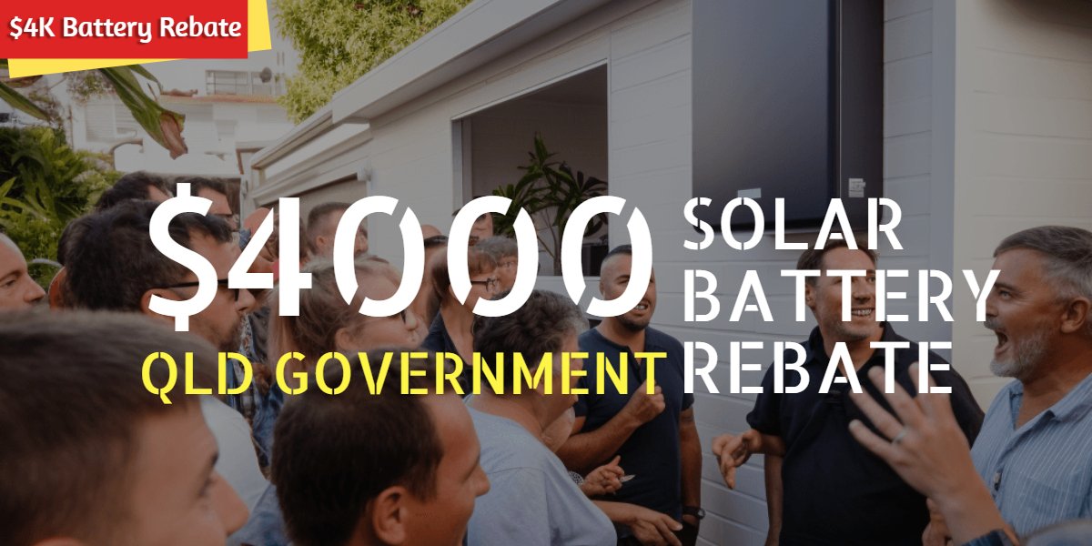 A group of people standing in front of a house with the words $4,000 solar battery qld government rebate and Solar Power.