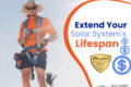 A person in safety gear stands outdoors with text promoting extending the lifespan of solar systems through solar panel maintenance in Cairns. Logos of a gold rating and Hielscher Electrical Solar Energy are present.