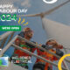 An advertisement for "hielscher electrical" showing two engineers working on a wind turbine in Queensland, with text announcing open business hours for Labour Day 2024.