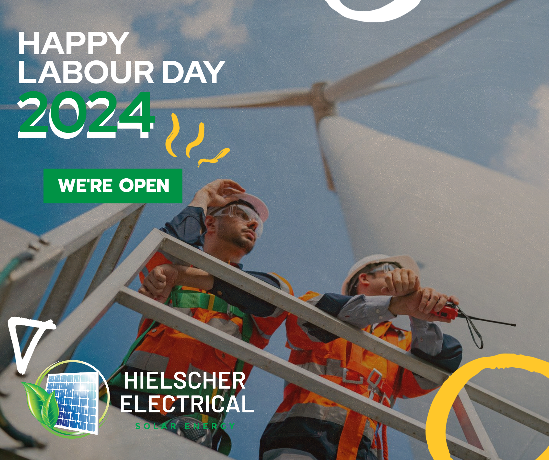 An advertisement for "hielscher electrical" showing two engineers working on a wind turbine in Queensland, with text announcing open business hours for Labour Day 2024.