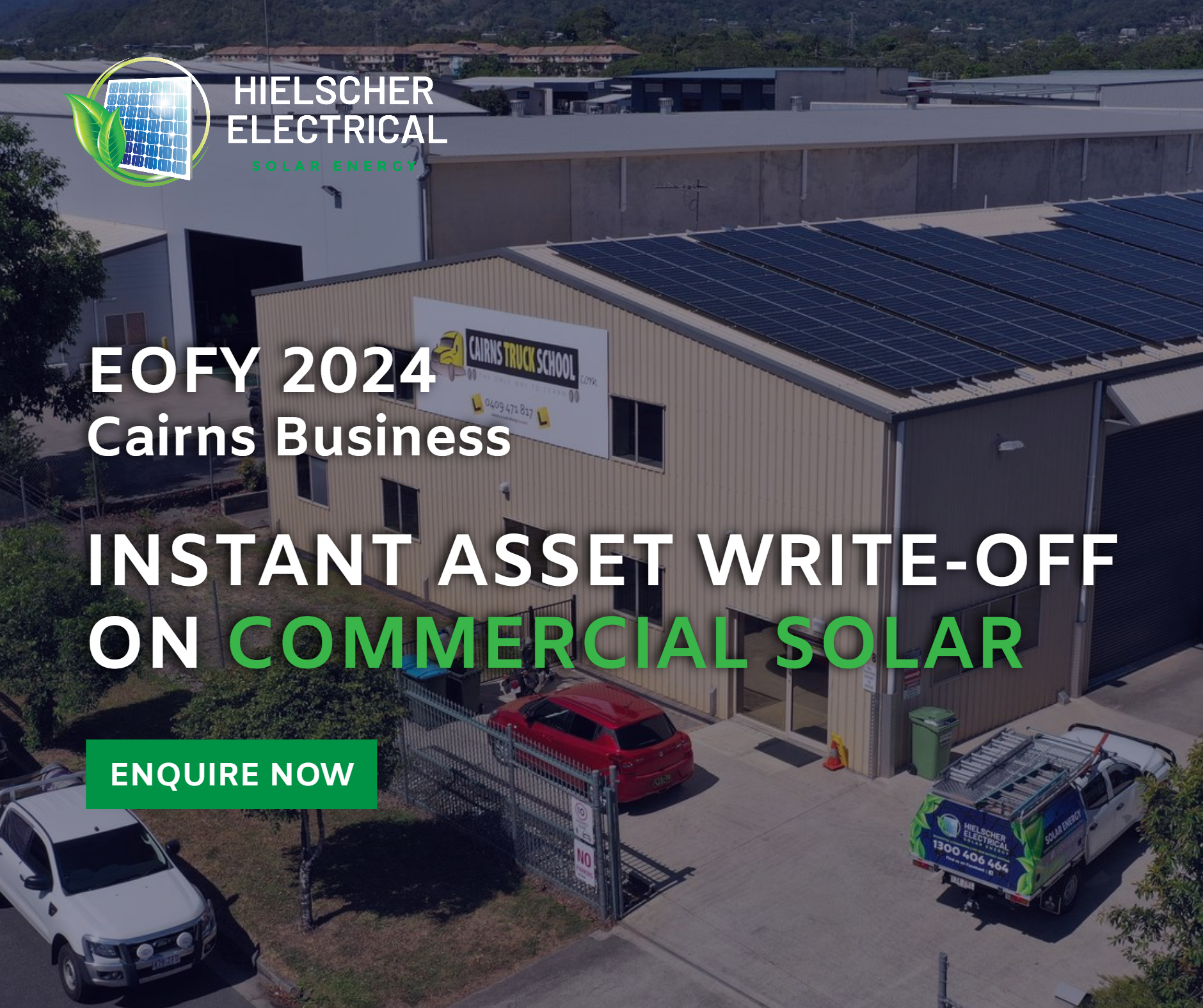 Aerial view of a building with solar panels on the roof, advertising Hielscher Electrical's EOFY 2024 offer for instant asset write-off on commercial solar installations. Make the switch to solar for your business and contact us now!