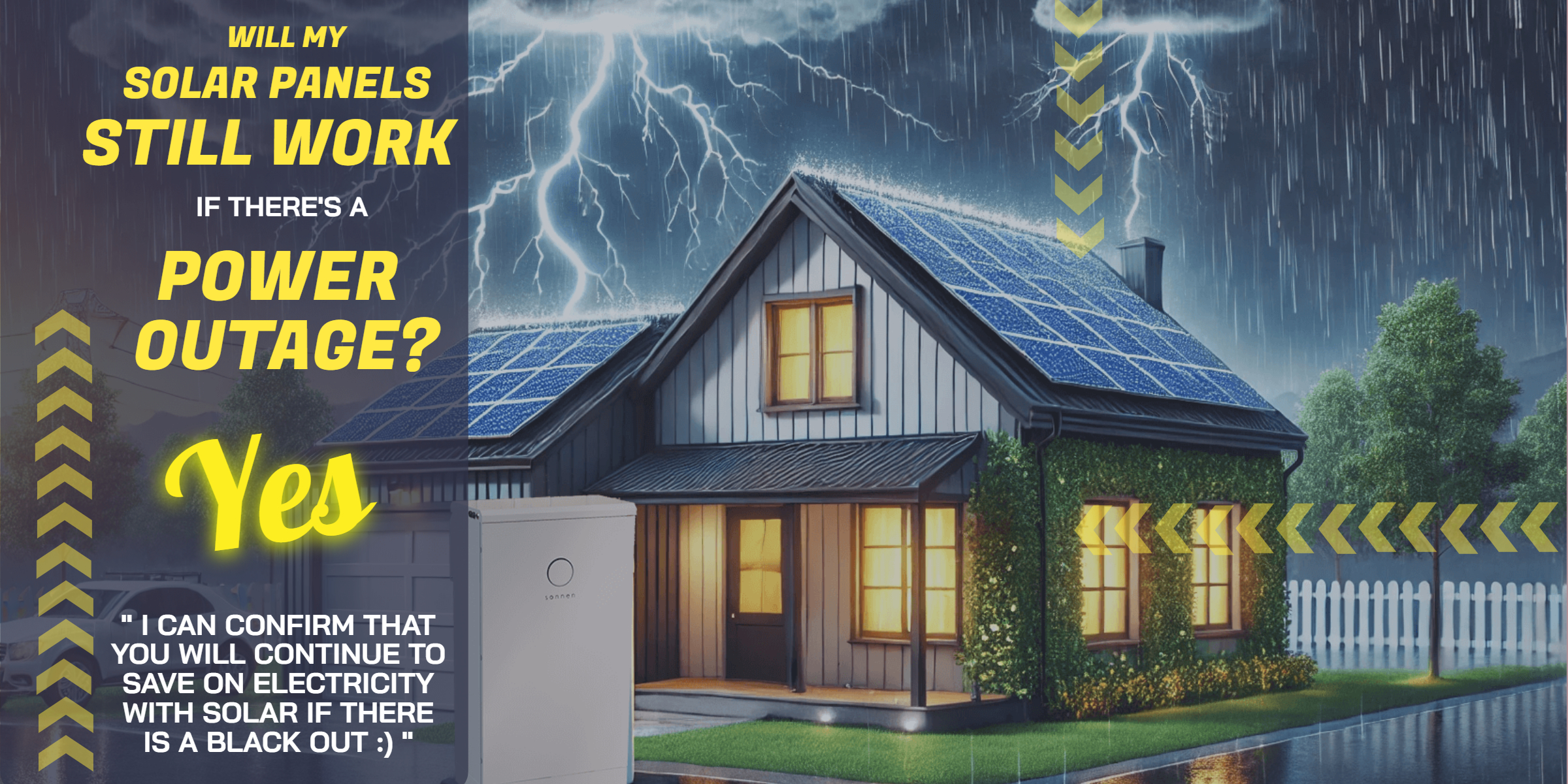 A house with solar panels on the roof during a storm. Text asks if solar still works during a power outage, and the answer "Yes" is highlighted. An electricity storage unit is depicted beside the house.