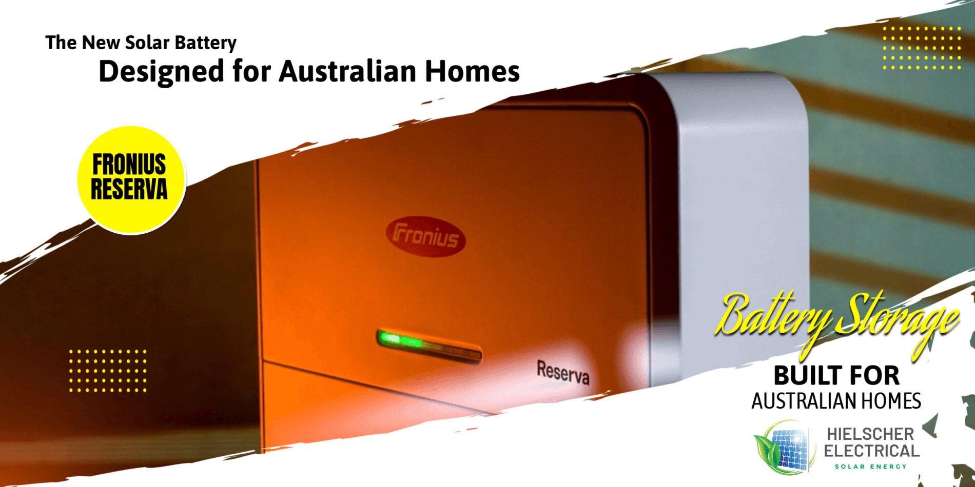 Close-up of a Fronius Reserva Cairns solar battery, elegantly designed for Australian homes and optimized for efficient storage. The image features logos of Fronius and Hielscher Electrical Solar Energy, emphasizing their commitment to harnessing solar power in the region.