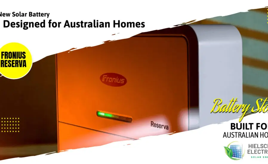 Close-up of a Fronius Reserva Cairns solar battery, elegantly designed for Australian homes and optimized for efficient storage. The image features logos of Fronius and Hielscher Electrical Solar Energy, emphasizing their commitment to harnessing solar power in the region.