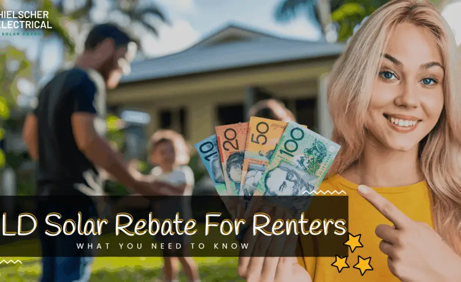 A smiling woman holds Australian dollar notes in front of a house in Cairns, with her family in the background. Text reads: "Solar Rebate for Rental Homes in Far North Queensland – What You Need to Know.