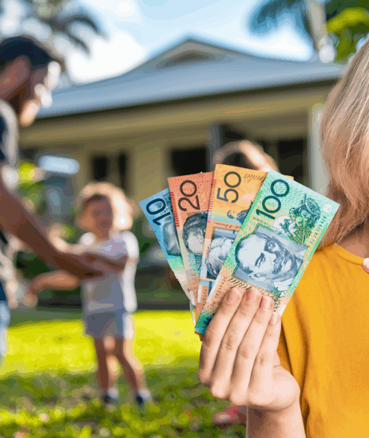 A smiling woman in Cairns points to several Australian dollar bills she is holding, highlighting the Solar Rebate for Rental Homes; in the blurred background, a family with two children stands beside their house.