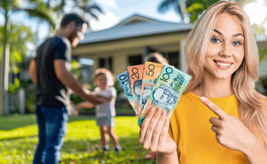 A smiling woman in Cairns points to several Australian dollar bills she is holding, highlighting the Solar Rebate for Rental Homes; in the blurred background, a family with two children stands beside their house.
