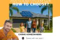 A family stands proudly before a solar-equipped house, with a uniformed expert in the corner. The text reads, "2025 Solar System Size: How to Choose? Cairns homeowners, connect with our team online for insights.