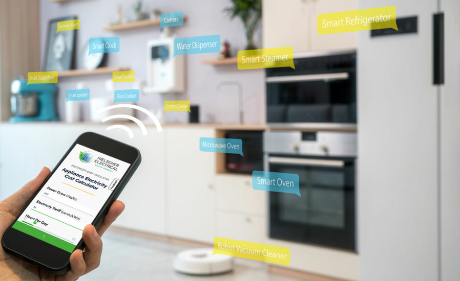 A person holds a smartphone displaying an appliance efficiency certification; in the background, various smart appliances in Cairns are labeled, including an oven, refrigerator, and more.