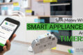 A hand holds a smartphone displaying an electrical cost calculator; smart appliances in Cairns and a timer device are highlighted in a modern kitchen. Text reads, "Save Money With Smart Appliances And Timers In Far North Queensland.