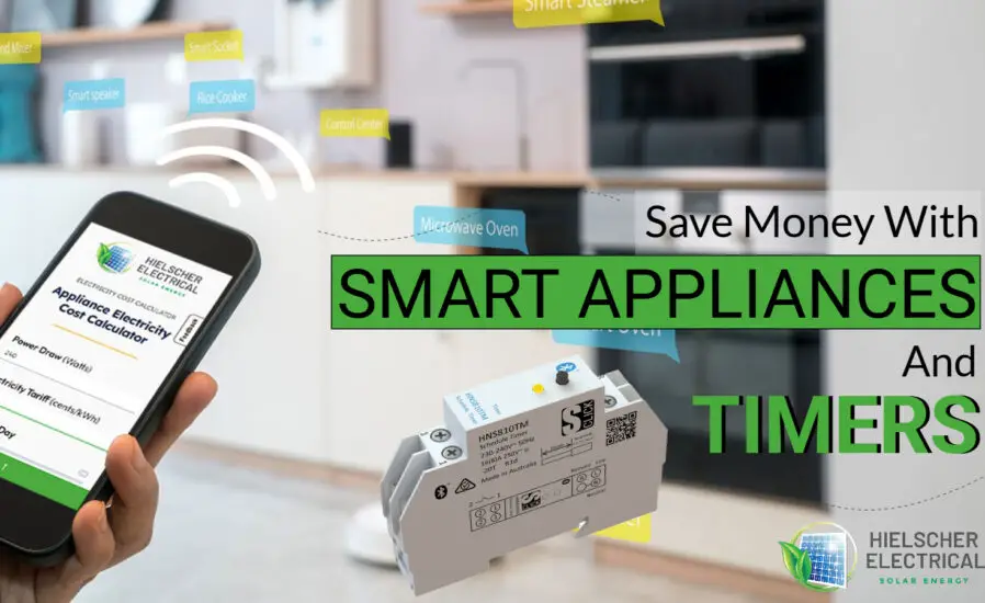 A hand holds a smartphone displaying an electrical cost calculator; smart appliances in Cairns and a timer device are highlighted in a modern kitchen. Text reads, "Save Money With Smart Appliances And Timers In Far North Queensland.