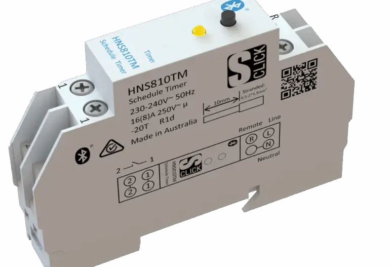 White HNS810TM schedule timer device featuring technical specifications, control button, LED indicator, and connection terminals visible on the front—perfect for managing smart appliances in Cairns and other Far North Queensland suburbs.