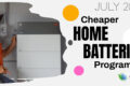 A man in an orange work shirt stands next to a home battery unit in Cairns. Text reads "Cheaper Home Batteries Program, July 2025+" with the Hielscher Electrical Solar Energy logo. Alternatively, for other suburbs: A man in an orange work shirt stands next to a home battery unit in Smithfield, Far North Queensland. Text reads "Cheaper Home Batteries Program, July 2025+" with the Hielscher Electrical Solar Energy logo.