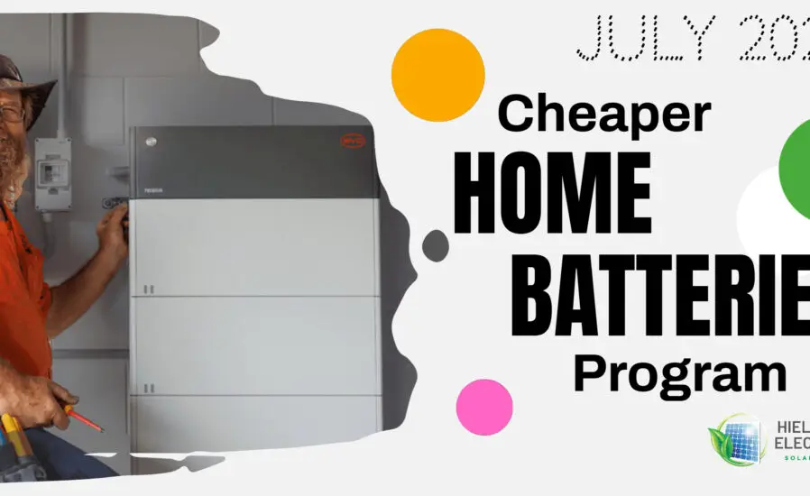 A man in an orange work shirt stands next to a home battery unit in Cairns. Text reads "Cheaper Home Batteries Program, July 2025+" with the Hielscher Electrical Solar Energy logo. Alternatively, for other suburbs: A man in an orange work shirt stands next to a home battery unit in Smithfield, Far North Queensland. Text reads "Cheaper Home Batteries Program, July 2025+" with the Hielscher Electrical Solar Energy logo.