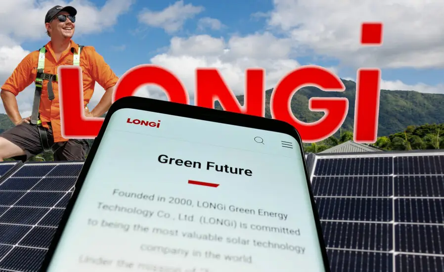A man stands near solar panels with the lush mountains of Far North Queensland in the background; a phone displays LONGi’s website and commitment to green energy—highlighting LONGi Solar Cairns. The word "LONGI" appears prominently in bold letters.