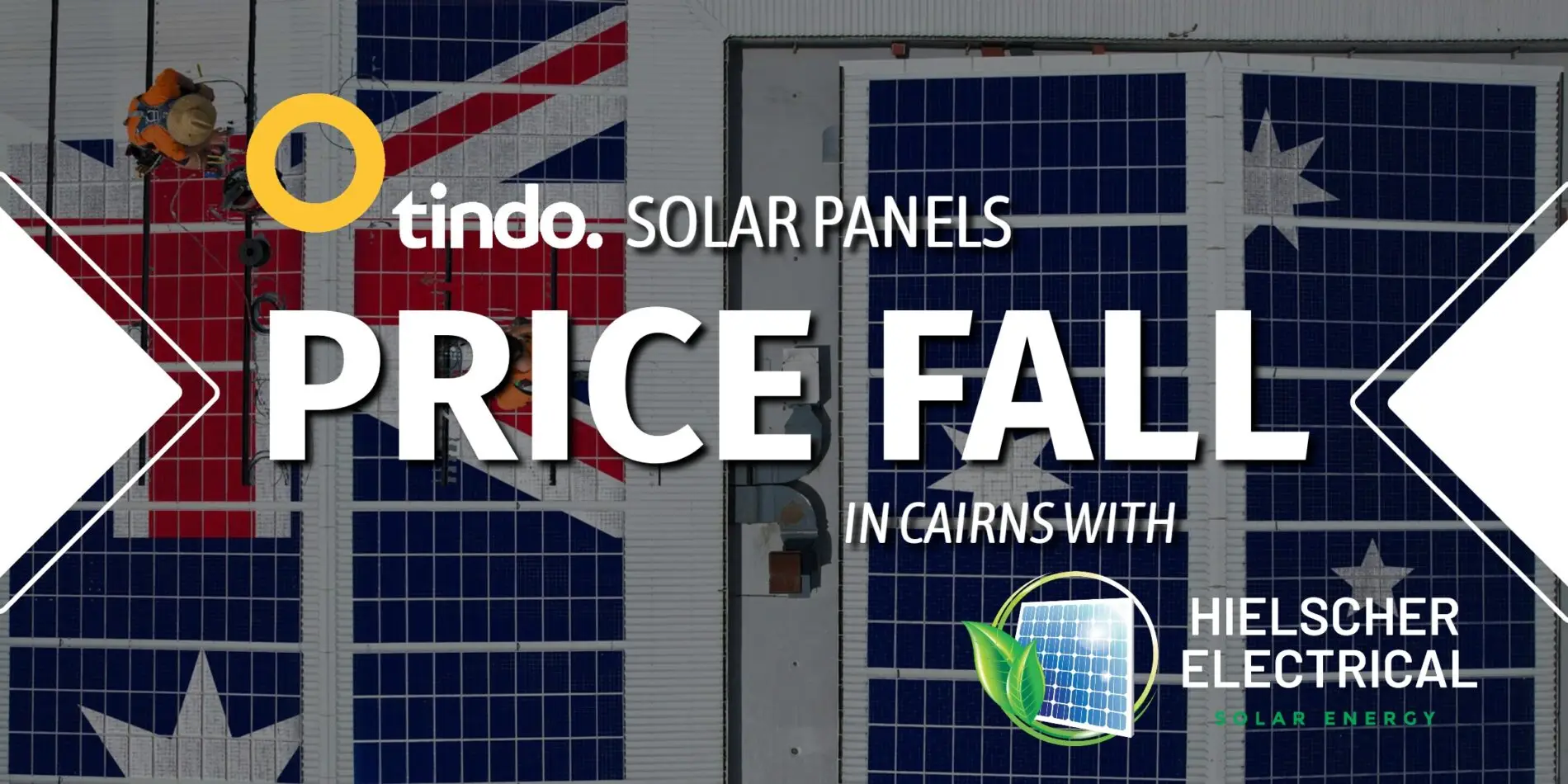 Aerial view of Hielscher Electrical Solar Electricians installing tindo solar panels in Cairns, with text on recent Tindo panel price drop by local suppliers.