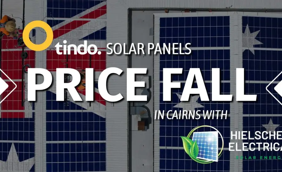 Aerial view of Hielscher Electrical Solar Electricians installing tindo solar panels in Cairns, with text on recent Tindo panel price drop by local suppliers.