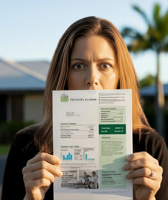A woman in Cairns stands outside holding an Ergon Energy bill, looking concerned at the camera over rising Far North QLD utility costs.