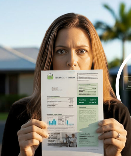 A woman in Cairns stands outside holding an Ergon Energy bill, looking surprised. Text: "Ergon Energy Bill Shock," "Let's Talk!" with a solar panel icon.