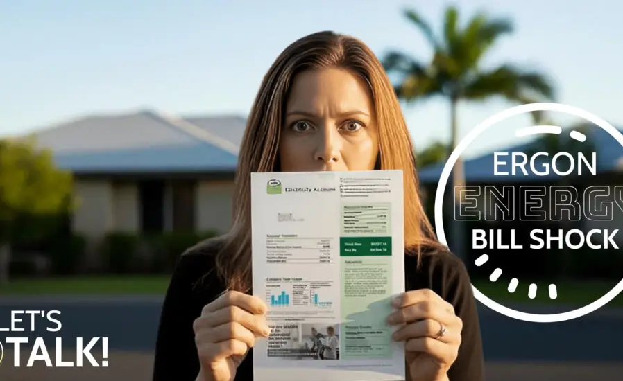 A woman in Cairns stands outside holding an Ergon Energy bill, looking surprised. Text: "Ergon Energy Bill Shock," "Let's Talk!" with a solar panel icon.