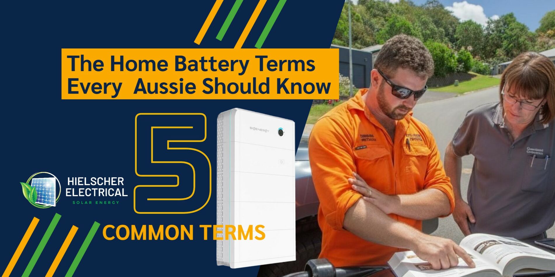 Two people in work uniforms review a battery terms in Cairns, beside a Hielscher Electrical logo and battery term info for locals.