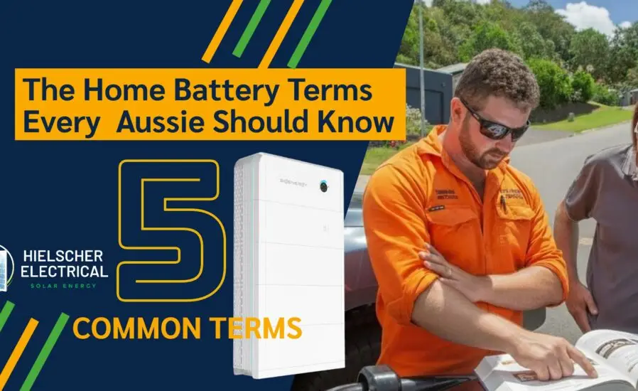 Two people in work uniforms review a battery terms in Cairns, beside a Hielscher Electrical logo and battery term info for locals.