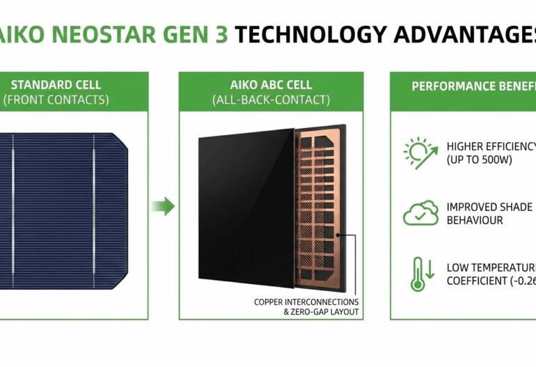 Diagram comparing standard solar panels to Infinite Series ABC Gen 3 AIKO cells for efficiency, shade, and heat in Cairns review.