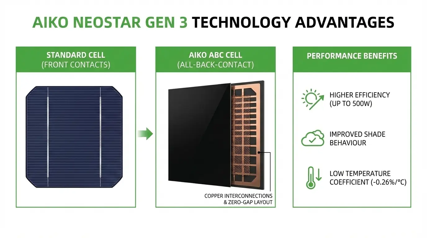 Diagram comparing standard solar panels to Infinite Series ABC Gen 3 AIKO cells for efficiency, shade, and heat in Cairns review.