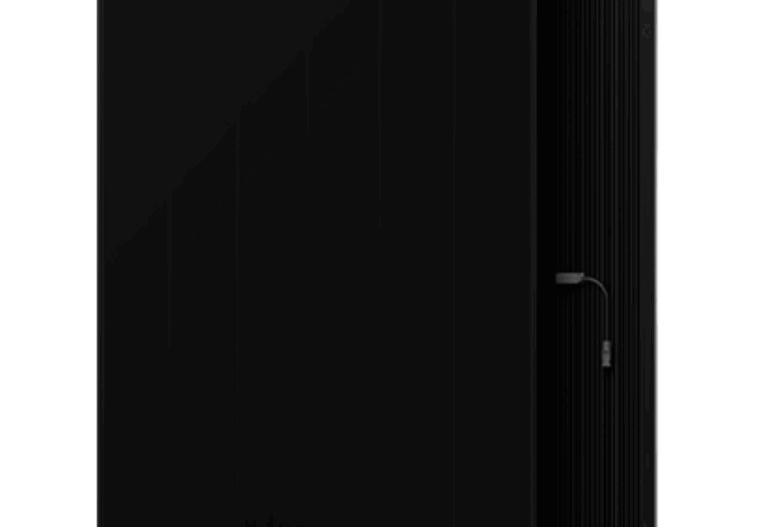 The Infinite Series ABC Gen 3 black rectangular solar panel, angled for detail, is showcased in Cairns with connector cable visible.