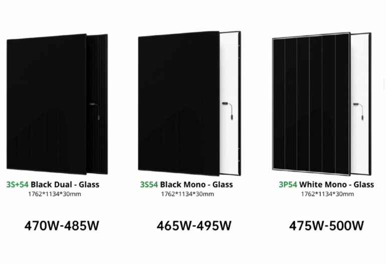 Three Infinite Series Gen 3 solar panels upright with dimensions, as seen in Cairns: black dual-glass, black mono-glass, and white mono-glass.