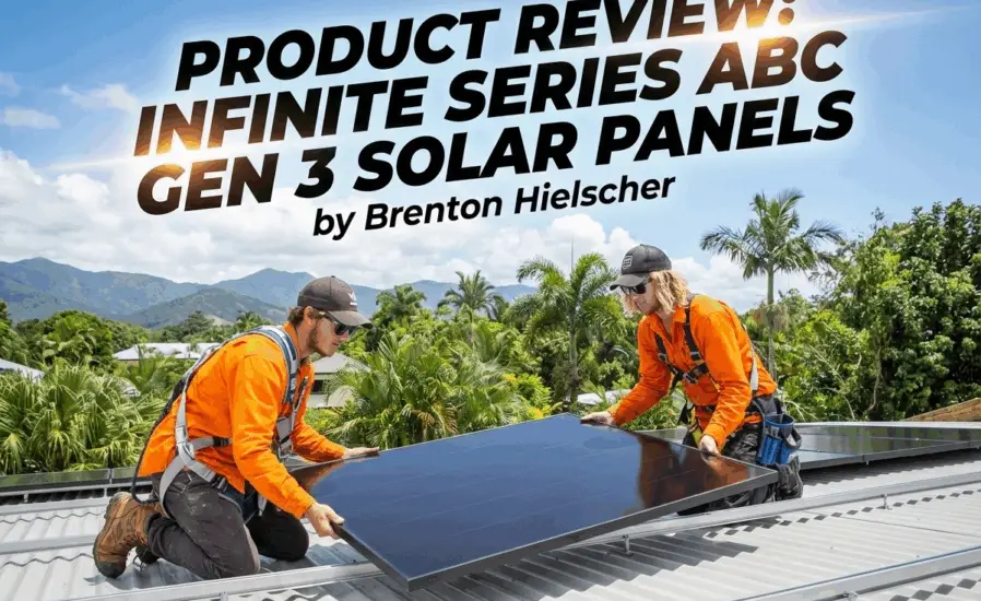 Two Hielscher Electrical Cairns Solar Installers in orange uniforms install Aiko solar panels on a Cairns metal roof; Far North Queensland mountains and palms in the background.