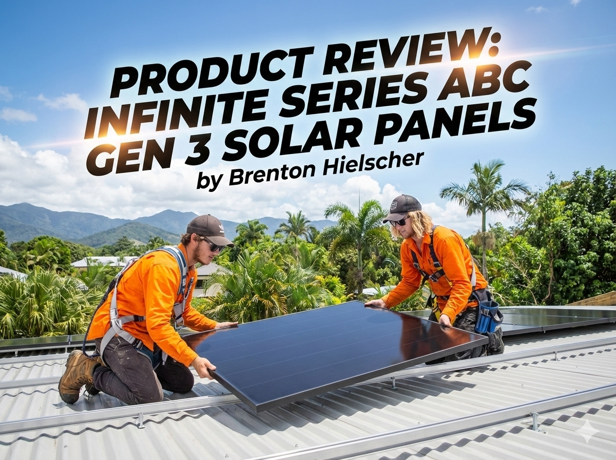 Two Hielscher Electrical Cairns Solar Installers in orange uniforms install Aiko solar panels on a Cairns metal roof; Far North Queensland mountains and palms in the background.