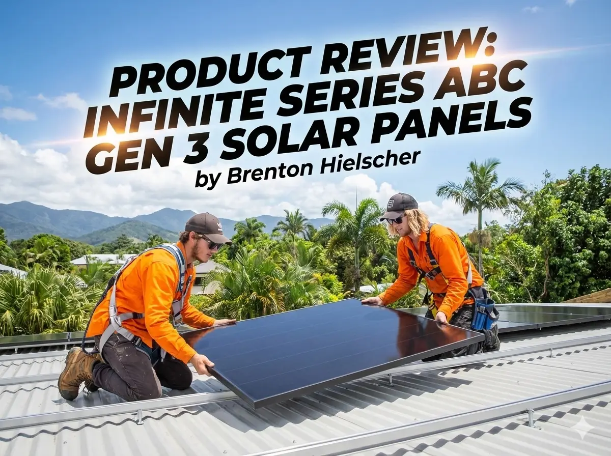 Two Hielscher Electrical Cairns Solar Installers in orange uniforms install Aiko solar panels on a Cairns metal roof; Far North Queensland mountains and palms in the background.