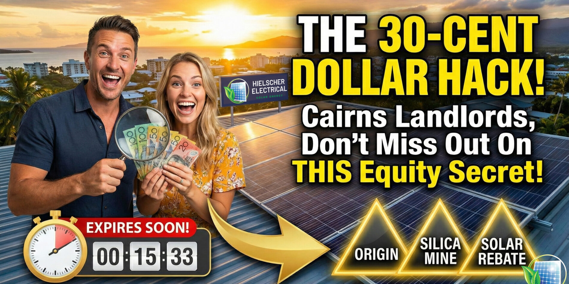 A smiling man and woman hold cash on a solar rooftop in Far North Queensland, spotlighting a 30-cent dollar hack for local investors.
