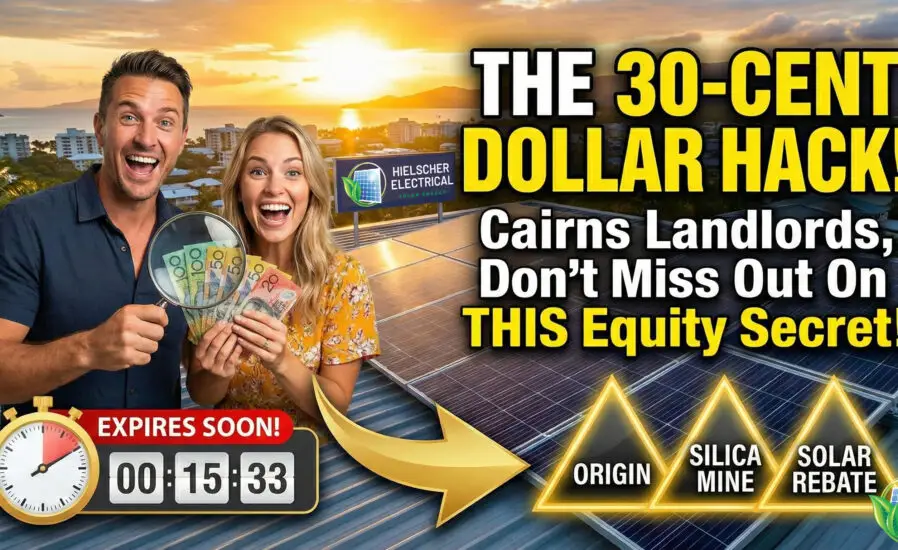 A smiling man and woman hold cash on a solar rooftop in Far North Queensland, spotlighting a 30-cent dollar hack for local investors.