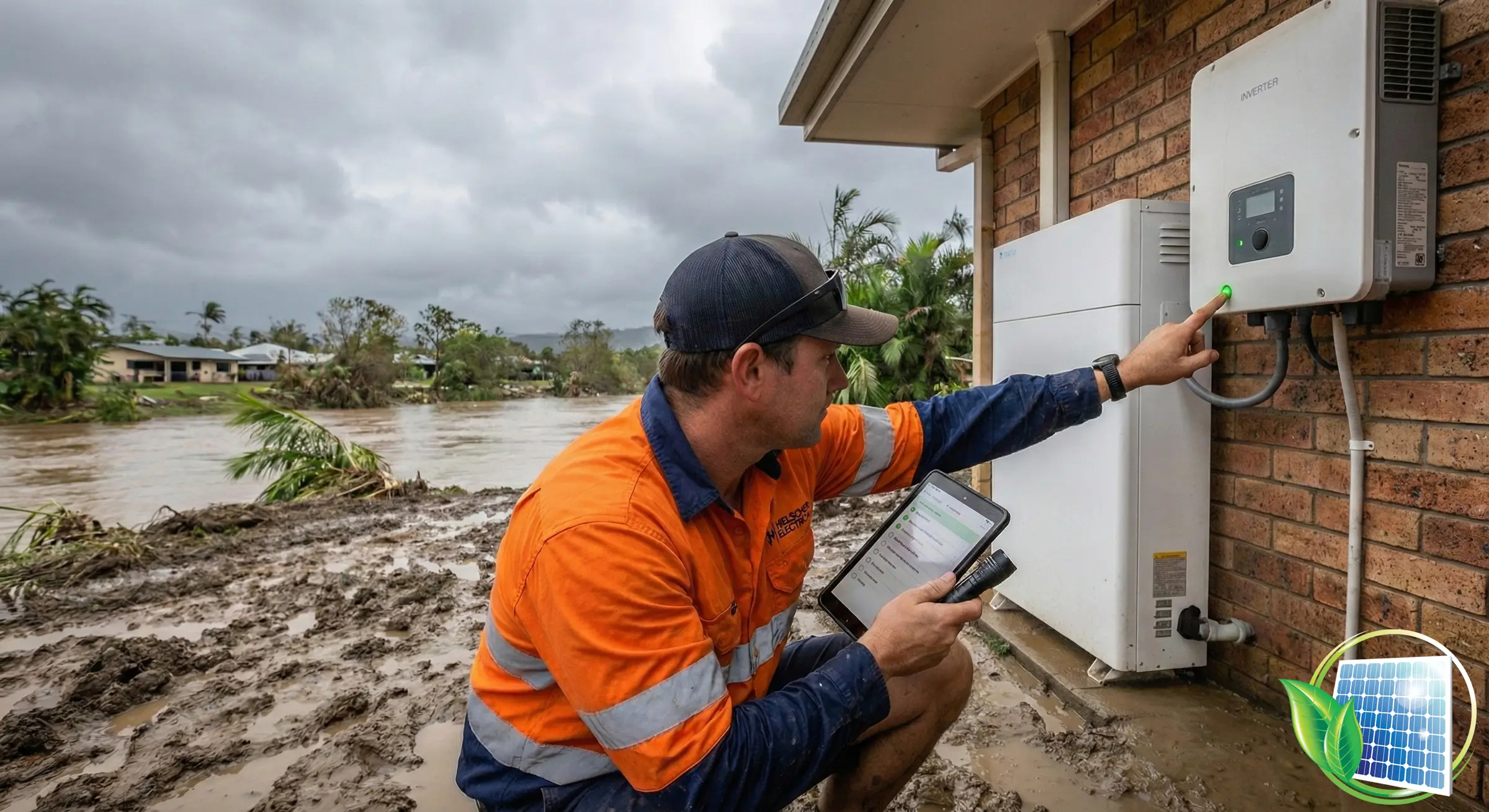 A worker in an orange safety shirt checks a Cyclone Koji solar battery panel on a Queensland brick home near floodwaters, holding a tablet.