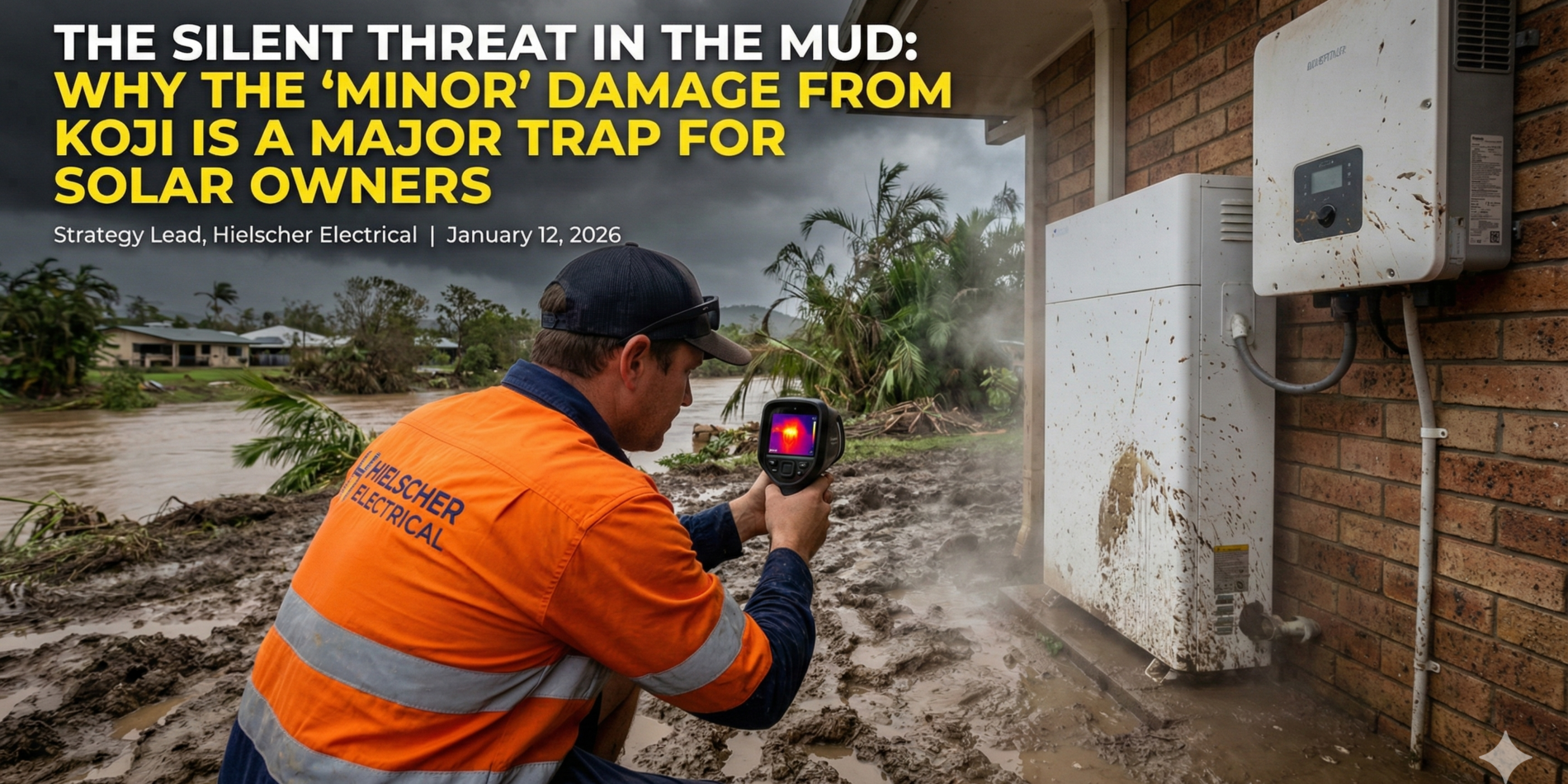 A worker in a high-vis jacket inspects electrical gear and a solar battery with a thermal camera outside a flooded Cairns home.