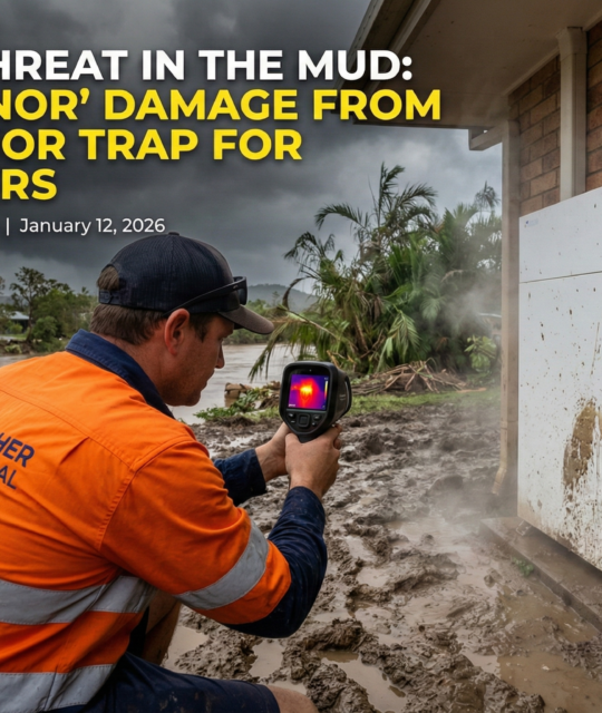 A worker in a high-vis jacket inspects electrical gear and a solar battery with a thermal camera outside a flooded Cairns home.