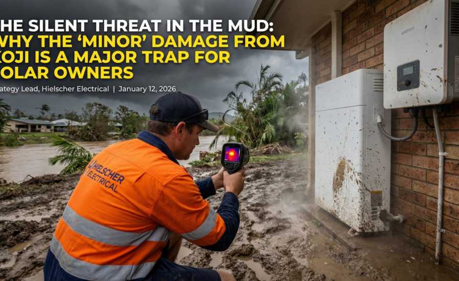 A worker in a high-vis jacket inspects electrical gear and a solar battery with a thermal camera outside a flooded Cairns home.