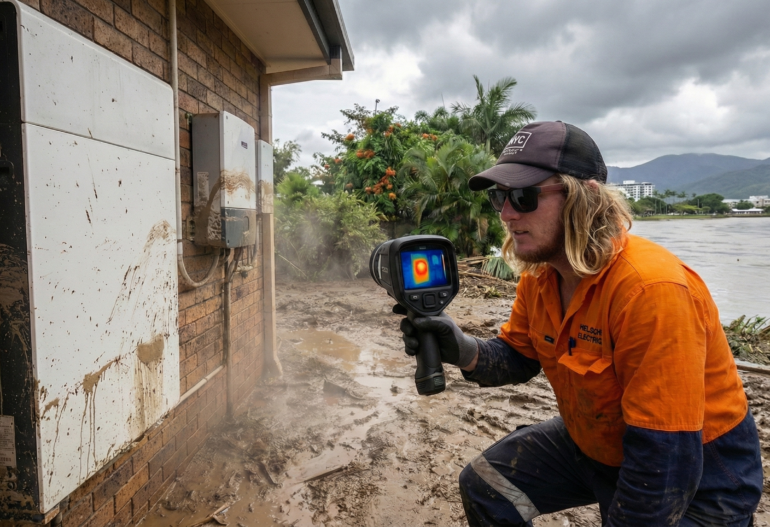 A worker in an orange shirt uses a thermal camera to check electrical gear and a solar battery on a muddy Cairns building by floodwaters.
