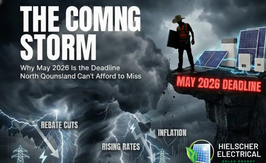 A person stands by solar panels on a Cairns cliff marked "May 2026 Deadline" as storms near; battery rebate cuts, inflation, and rising rates noted. Hielscher Electrical Solar Energy logo shown.