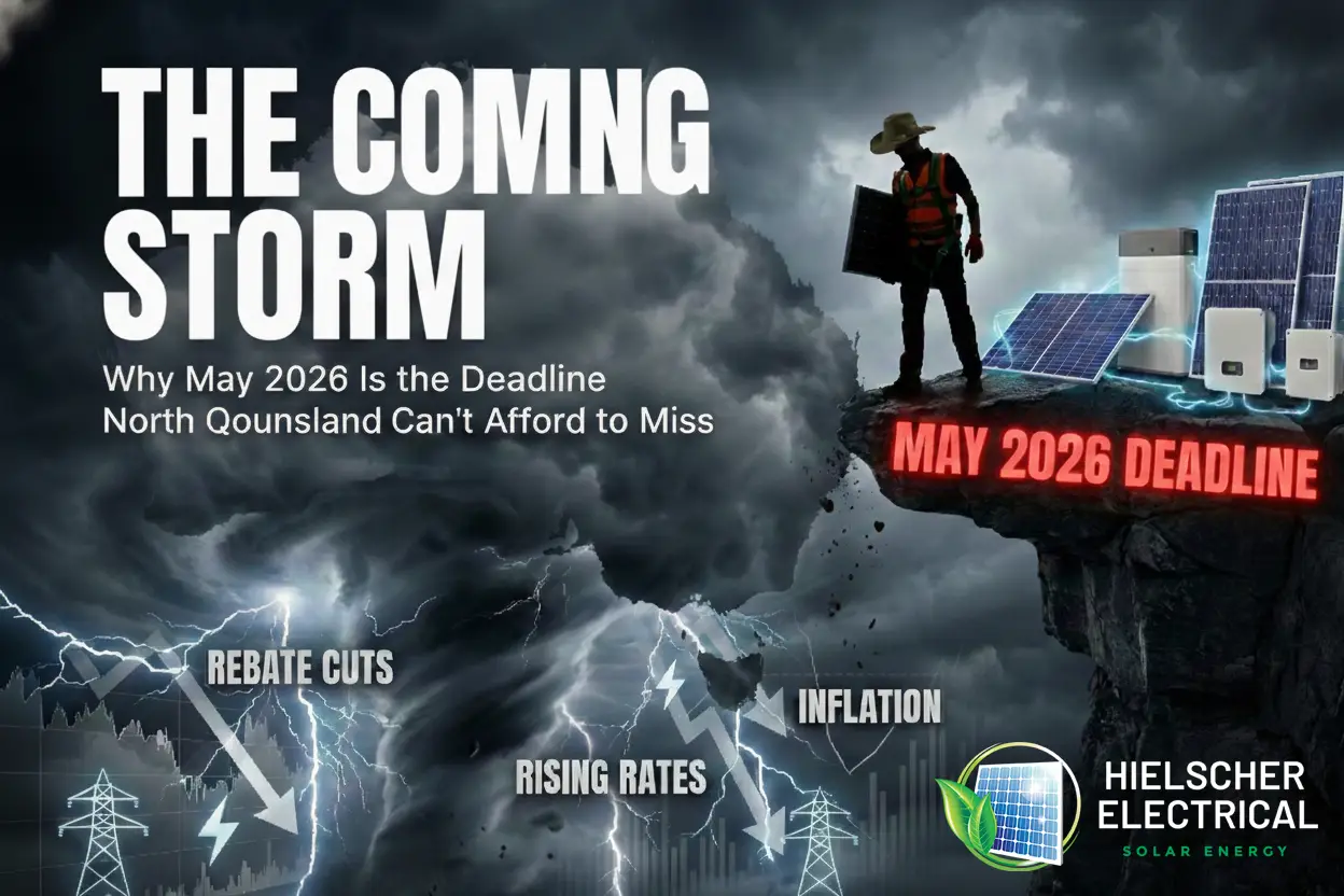 A person stands by solar panels on a Cairns cliff marked "May 2026 Deadline" as storms near; battery rebate cuts, inflation, and rising rates noted. Hielscher Electrical Solar Energy logo shown.