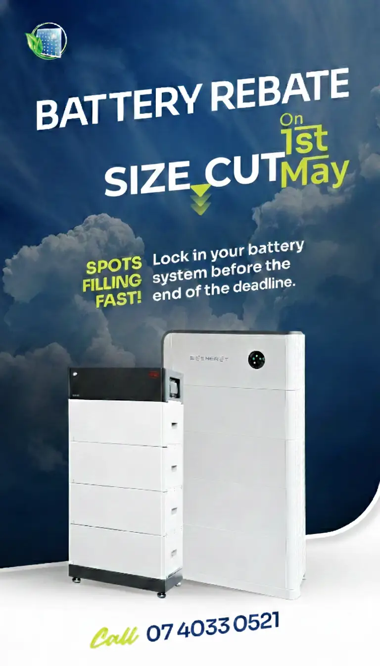 Promotional poster for a Cairns battery rebate and size cut on May 1, showing two battery systems, contact info, and limited spots.