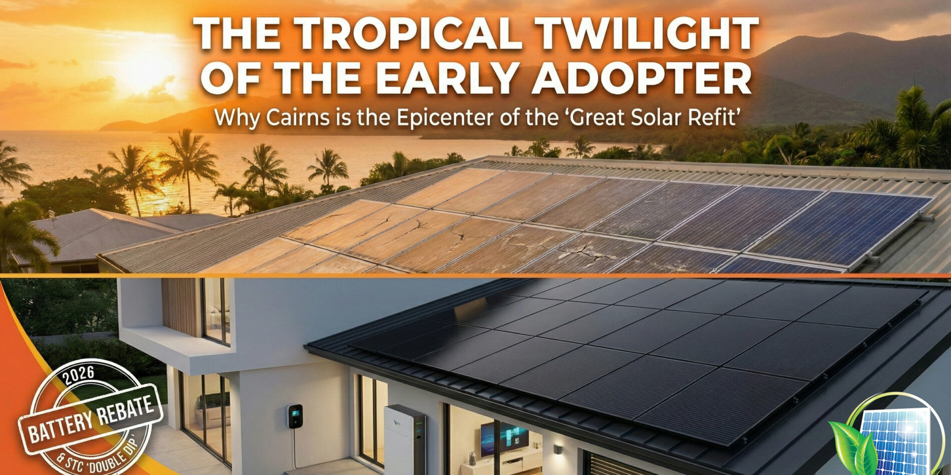 Rooftop solar panels glow at sunset over Cairns homes, a Far North QLD solar hub, with text spotlighting a 2026 battery rebate.