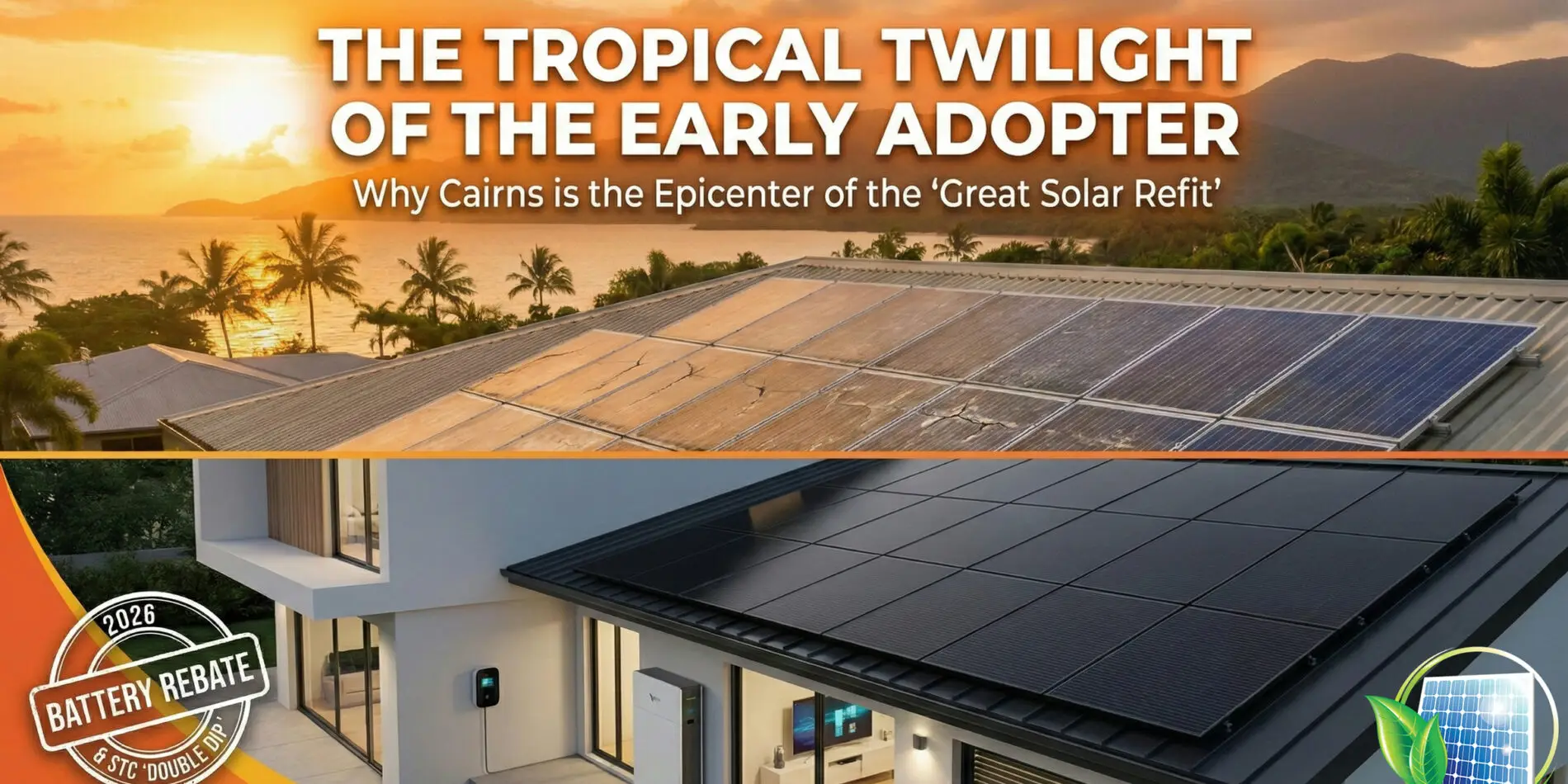 Rooftop solar panels glow at sunset over Cairns homes, a Far North QLD solar hub, with text spotlighting a 2026 battery rebate.